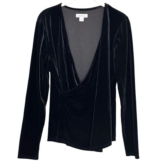 Sundance Shirt Womens Medium Black Velvet Wrap Deep V Neck Long Sleeve Blouse - Picture 1 of 5